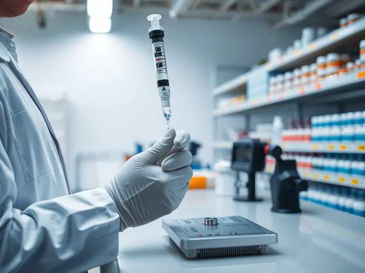 技术员在实验室中使用注射器将瞬干胶滴在金属测试片上