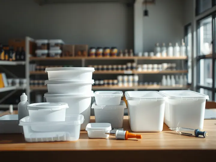 塑料收纳盒和储物罐样品,旁边摆放胶水和施胶工具