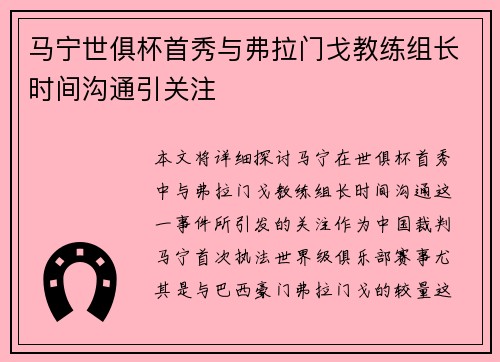 马宁世俱杯首秀与弗拉门戈教练组长时间沟通引关注